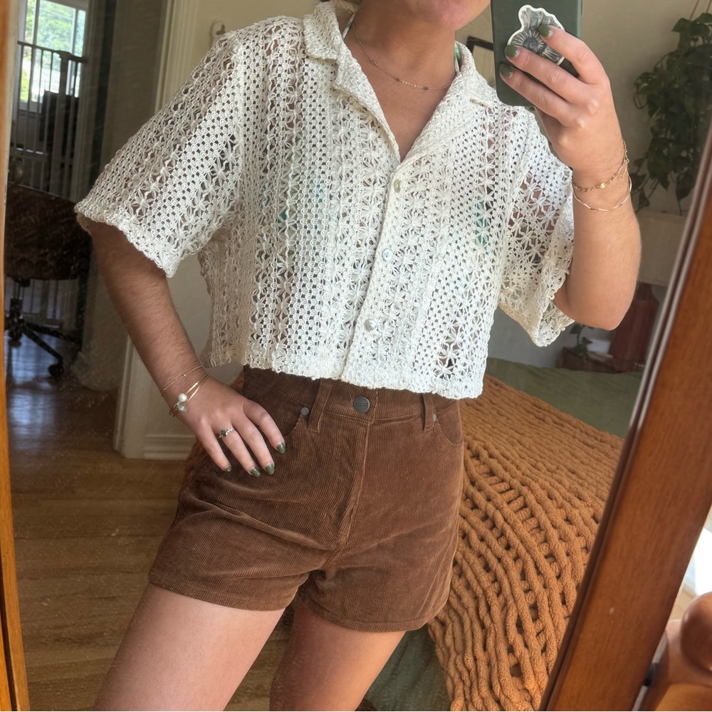 White crochet short sleeve button up shirt